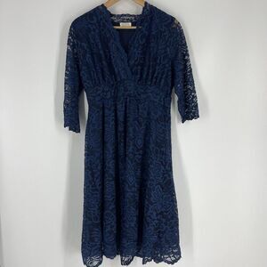 Kiyonna Mademoiselle Lace Dress Size XL Navy Cocktail Half Sleeve Cocktail Midi
